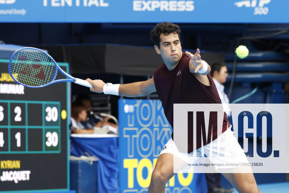 Jaume Munar (Spain) returns a shot against Kyrian Jacquet (France) during their Quarter-final match at the Kinoshita Group Japan Open Tennis Championships at Ariake Colosseum in Tokyo. The tournament runs from September 29 to October 6. Munar won 6-4, 6-2. Tennis 2026:Jaume Munar Battles Kyrian Jacquet In Japan Open - ZUMAm191 20261004_aap_m191_044