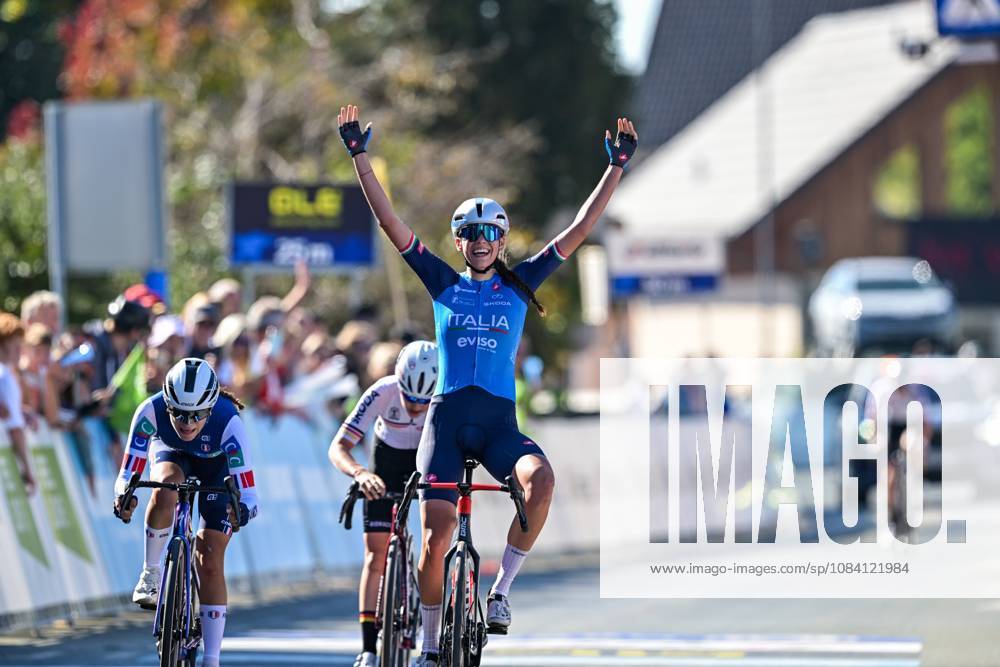 Italian Azzurra Ballan celebrates as she crosses the finish line to win the junior women Road Race race (66,3 km) at the cycling UEC Road European Championships, in Ljubljana, Slovenia Sunday 4 October 2026. The UEC Road European Championships are taking place from 02 to 07 October in Ljubljana, Slovenia. DAVIDxPINTENS x188683260x