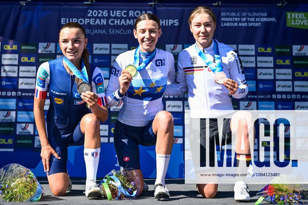 French Morgane Lestrade; Italian Azzurra Ballan, German Klara Dworatzek pictured on the podium after the junior women Road Race race (66,3 km) at the cycling UEC Road European Championships, in Ljubljana, Slovenia Sunday 4 October 2026. The UEC Road European Championships are taking place from 02 to 07 October in Ljubljana, Slovenia. DAVIDxPINTENS x188684772x