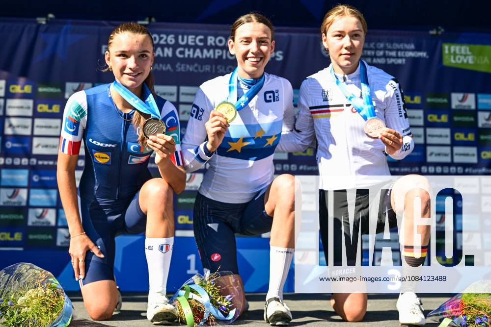 French Morgane Lestrade; Italian Azzurra Ballan, German Klara Dworatzek pictured on the podium after the junior women Road Race race (66,3 km) at the cycling UEC Road European Championships, in Ljubljana, Slovenia Sunday 4 October 2026. The UEC Road European Championships are taking place from 02 to 07 October in Ljubljana, Slovenia. DAVIDxPINTENS x188684909x