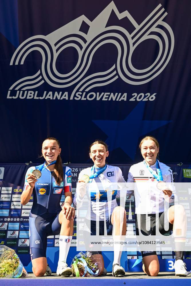 French Morgane Lestrade; Italian Azzurra Ballan, German Klara Dworatzek pictured on the podium after the junior women Road Race race (66,3 km) at the cycling UEC Road European Championships, in Ljubljana, Slovenia Sunday 4 October 2026. The UEC Road European Championships are taking place from 02 to 07 October in Ljubljana, Slovenia. DAVIDxPINTENS x188685095x