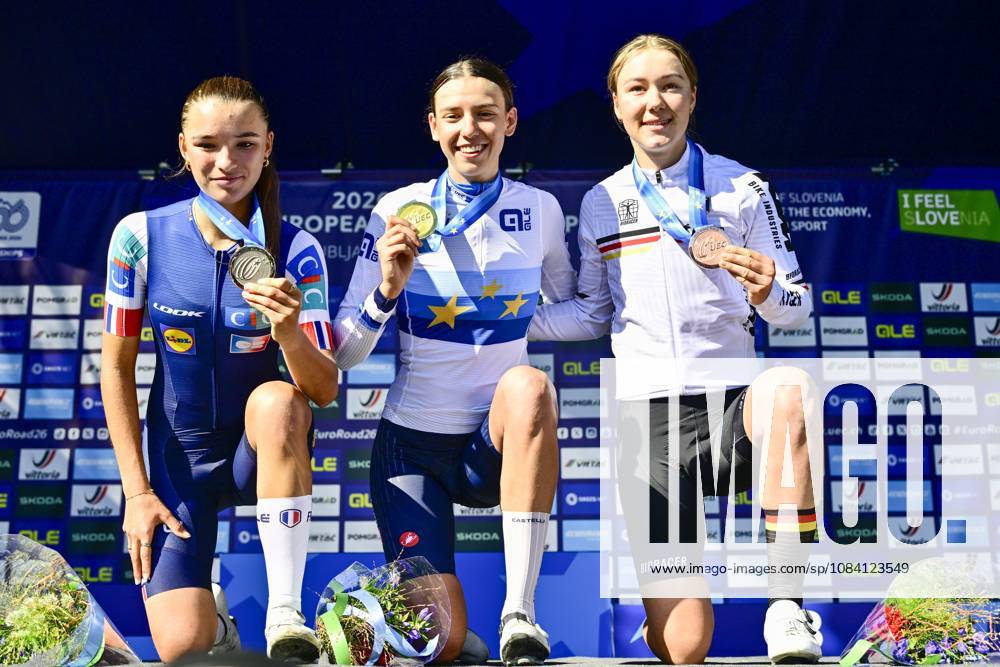 UEC 2026 Road European Championships Ljubljana 04 10 2026 LJUBLJANA, SLOVENIA - OCTOBER 04 : Lestrade Morgane (FRA) , Ballan Azzurra (ITA) and Dworatzek Klara (DEU) pictured during the podium ceremony after the Women Junior cycling road race at the 2026 UEC Road European Championships, an UCI Continental Championships cycling race of 66,3 km with start and finish in Sencur on October 4, 2026 in Ljubljana, Slovenia, 04 10 2026 Ljubljana Slovenia