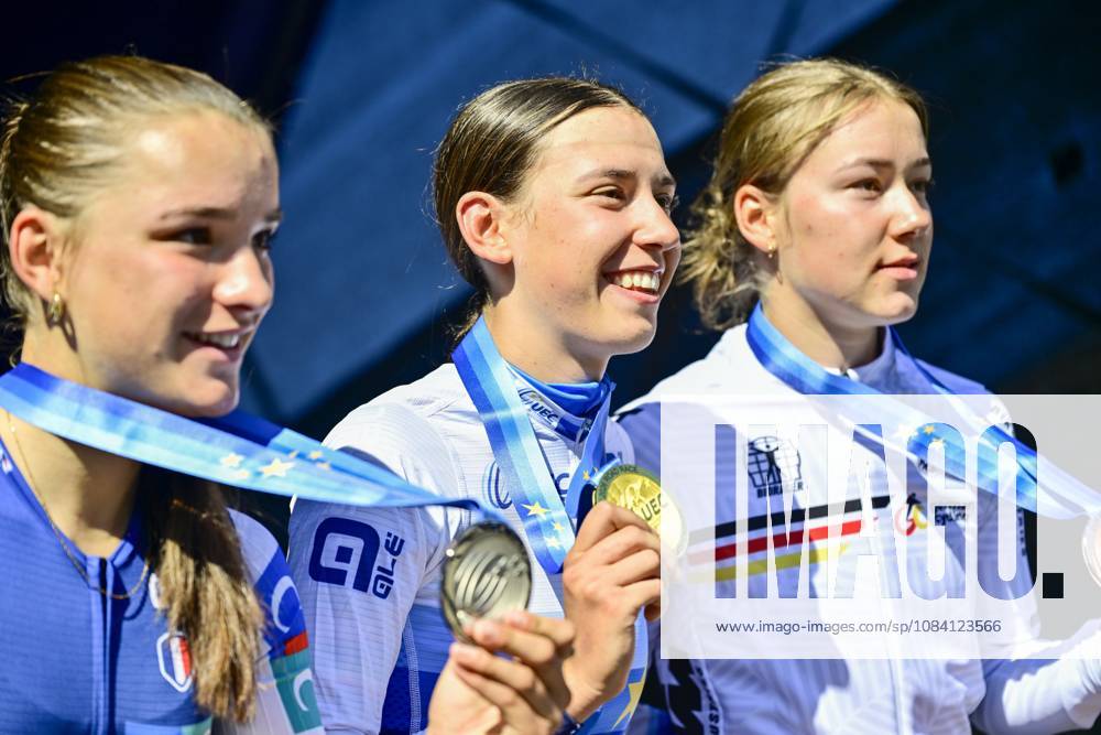 UEC 2026 Road European Championships Ljubljana 04 10 2026 LJUBLJANA, SLOVENIA - OCTOBER 04 : Lestrade Morgane (FRA) , Ballan Azzurra (ITA) and Dworatzek Klara (DEU) pictured during the podium ceremony after the Women Junior cycling road race at the 2026 UEC Road European Championships, an UCI Continental Championships cycling race of 66,3 km with start and finish in Sencur on October 4, 2026 in Ljubljana, Slovenia, 04 10 2026 Ljubljana Slovenia