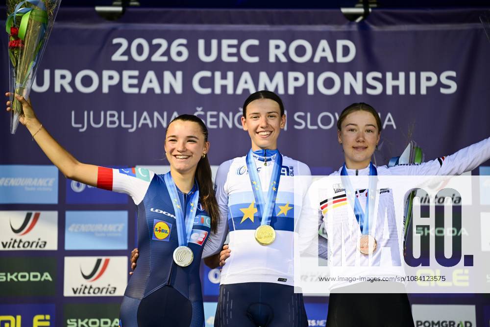 UEC 2026 Road European Championships Ljubljana 04 10 2026 LJUBLJANA, SLOVENIA - OCTOBER 04 : Lestrade Morgane (FRA) , Ballan Azzurra (ITA) and Dworatzek Klara (DEU) pictured during the podium ceremony after the Women Junior cycling road race at the 2026 UEC Road European Championships, an UCI Continental Championships cycling race of 66,3 km with start and finish in Sencur on October 4, 2026 in Ljubljana, Slovenia, 04 10 2026 Ljubljana Slovenia