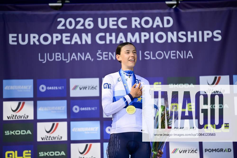 UEC 2026 Road European Championships Ljubljana 04 10 2026 LJUBLJANA, SLOVENIA - OCTOBER 04 : Ballan Azzurra (ITA) pictured during the podium ceremony after the Women Junior cycling road race at the 2026 UEC Road European Championships, an UCI Continental Championships cycling race of 66,3 km with start and finish in Sencur on October 4, 2026 in Ljubljana, Slovenia, 04 10 2026 Ljubljana Slovenia