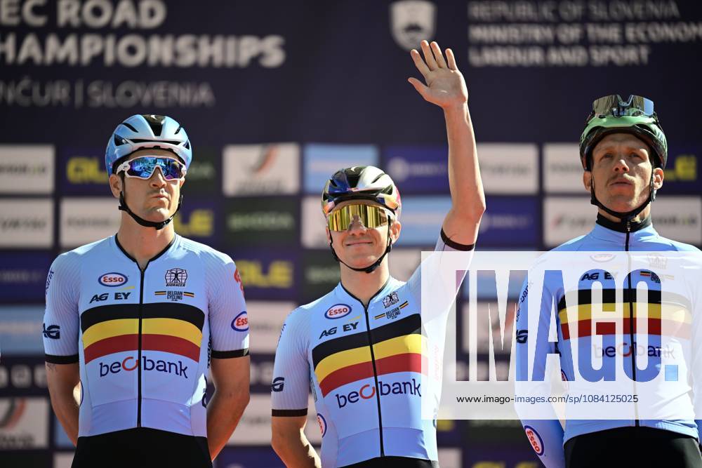 UEC 2026 Road European Championships Ljubljana 04 10 2026 LJUBLJANA, SLOVENIA - OCTOBER 04 : Vervaeke Louis (BEL), Evenepoel Remco (BEL) and De Pestel Sander (BEL) pictured during the teams presentations before the Men Elite cycling road race at the 2026 UEC Road European Championships Ljubljana, an UCI Continental Championships cycling race of 196,3 km with start in Ljubljana and finish in Sencur on October 4, 2026 in Ljubljana, Slovenia, 04 10 2026 Ljubljana Slovenia