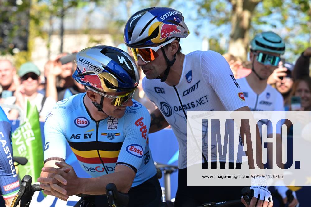 Belgium s Remco Evenepoel and Slovenia s Primoz Roglic pictured during the elite men Road Race race (196,2 km) at the cycling UEC Road European Championships, in Ljubljana, Slovenia Sunday 4 October 2026. The UEC Road European Championships are taking place from 02 to 07 October in Ljubljana, Slovenia. DAVIDxPINTENS x188689306x