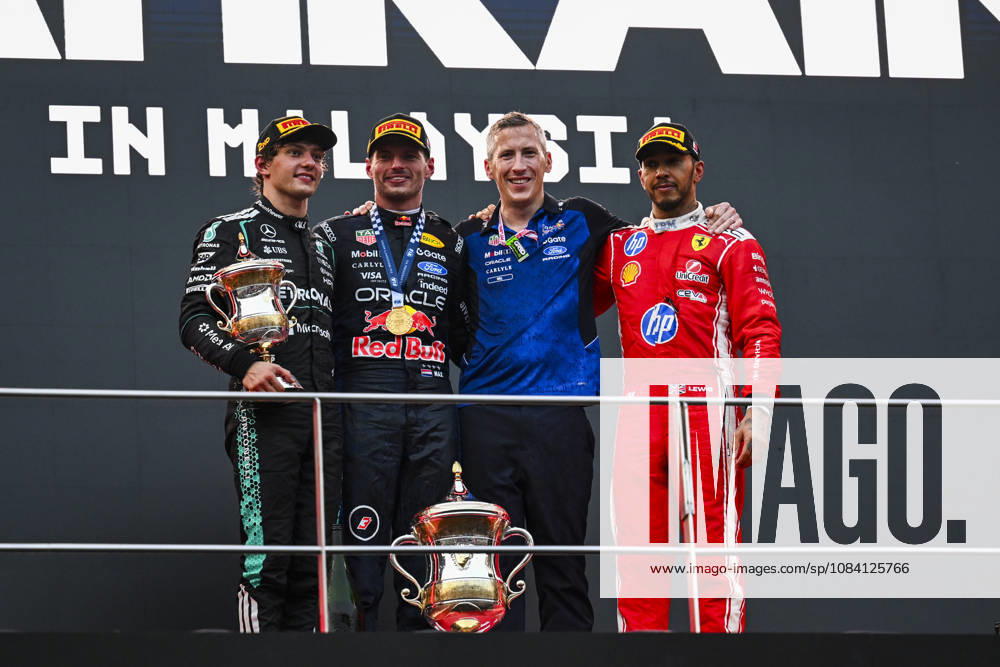 F1 - BAHRAIN GRAND PRIX IN MALAYSIA 2026 KIMI ANTONELLI Andrea (ita), Mercedes AMG F1 Team W16, VERSTAPPEN Max (nld), Red Bull Racing Ford RB22, HAMILTON Lewis (gbr), Scuderia Ferrari SF-26, portrait, podium during the 2026 Formula 1 Bahrain Grand Prix in Malaysia, 16th round of the 2026 Formula One World Championship, WM, Weltmeisterschaft from October 2 to 4, 2026 on the Sepang International Circuit, in Sepang, Malaysia - SepangMalaysia