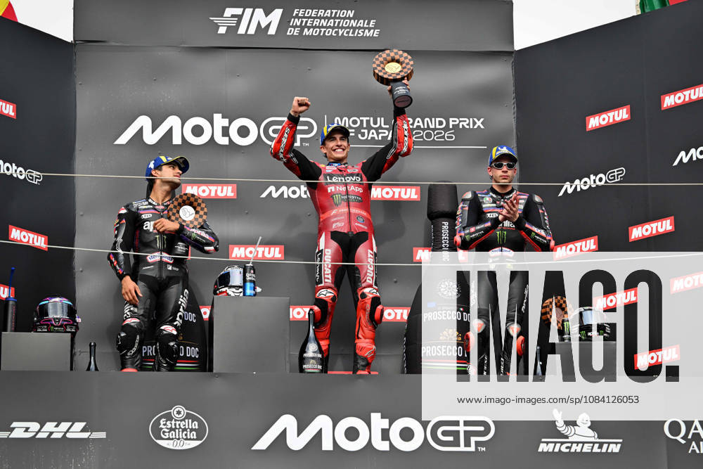 MOTO - MOTO GP - GRAND PRIX OF JAPAN 2026 MARQUEZ Marc (spa), Ducati Lenovo Team, Ducati Desmosedici GP26, podium, portrait with MARTIN Jorge (spa), Aprilia Racing, Aprilia RS-GP26 and BEZZECCHI Marco (ita), Aprilia Racing, Aprilia RS-GP26 during the 2026 MotoGP Motul Grand Prix of Japan on the Twin Ring Motegi Circuit from October 2 to 4th, At Motegi, Japan - MotegiJapan