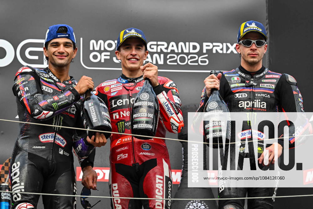 MOTO - MOTO GP - GRAND PRIX OF JAPAN 2026 MARQUEZ Marc (spa), Ducati Lenovo Team, Ducati Desmosedici GP26, podium, portrait with MARTIN Jorge (spa), Aprilia Racing, Aprilia RS-GP26 and BEZZECCHI Marco (ita), Aprilia Racing, Aprilia RS-GP26 during the 2026 MotoGP Motul Grand Prix of Japan on the Twin Ring Motegi Circuit from October 2 to 4th, At Motegi, Japan - MotegiJapan