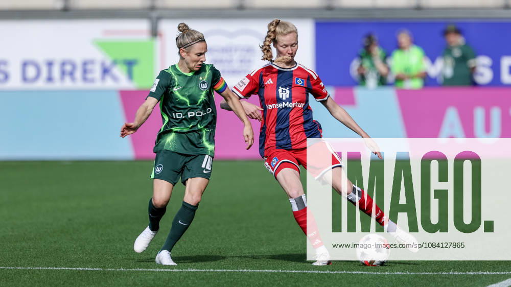 V.li.: Svenja Huth (VfL Wolfsburg, 10) und Jaqueline Dönges (Hamburger SV, HSV, 21) im Zweikampf, Duell, Dynamik, Aktion, Action, Spielszene, DIE DFB-RICHTLINIEN UNTERSAGEN JEGLICHE NUTZUNG VON FOTOS ALS SEQUENZBILDER UND ODER VIDEOÄHNLICHE FOTOSTRECKEN. DFB REGULATIONS PROHIBIT ANY USE OF PHOTOGRAPHS AS IMAGE SEQUENCES AND OR QUASI-VIDEO., 04.10.2026, Wolfsburg (Deutschland), Fussball, Google Pixel Frauen-Bundesliga, VfL Wolfsburg - Hamburger SV
