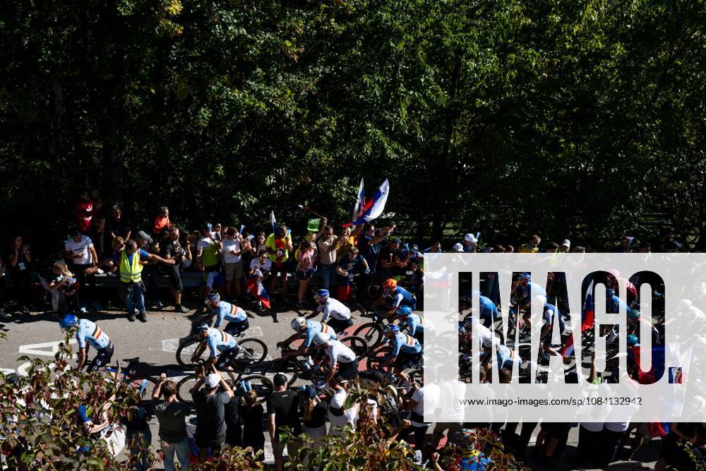 Belgian riders pictured in action during the elite men Road Race race (196,2 km) at the cycling UEC Road European Championships, in Ljubljana, Slovenia Sunday 4 October 2026. The UEC Road European Championships are taking place from 02 to 07 October in Ljubljana, Slovenia. DAVIDxPINTENS x188701600x