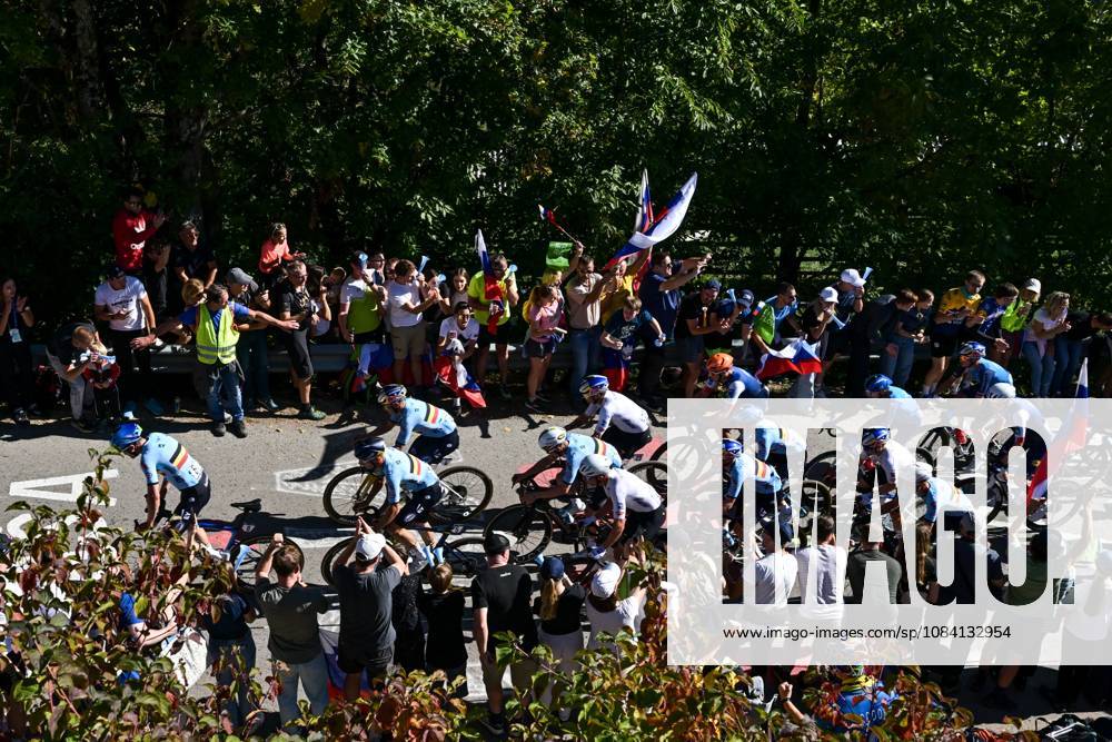 Belgian riders pictured in action during the elite men Road Race race (196,2 km) at the cycling UEC Road European Championships, in Ljubljana, Slovenia Sunday 4 October 2026. The UEC Road European Championships are taking place from 02 to 07 October in Ljubljana, Slovenia. DAVIDxPINTENS x188701563x