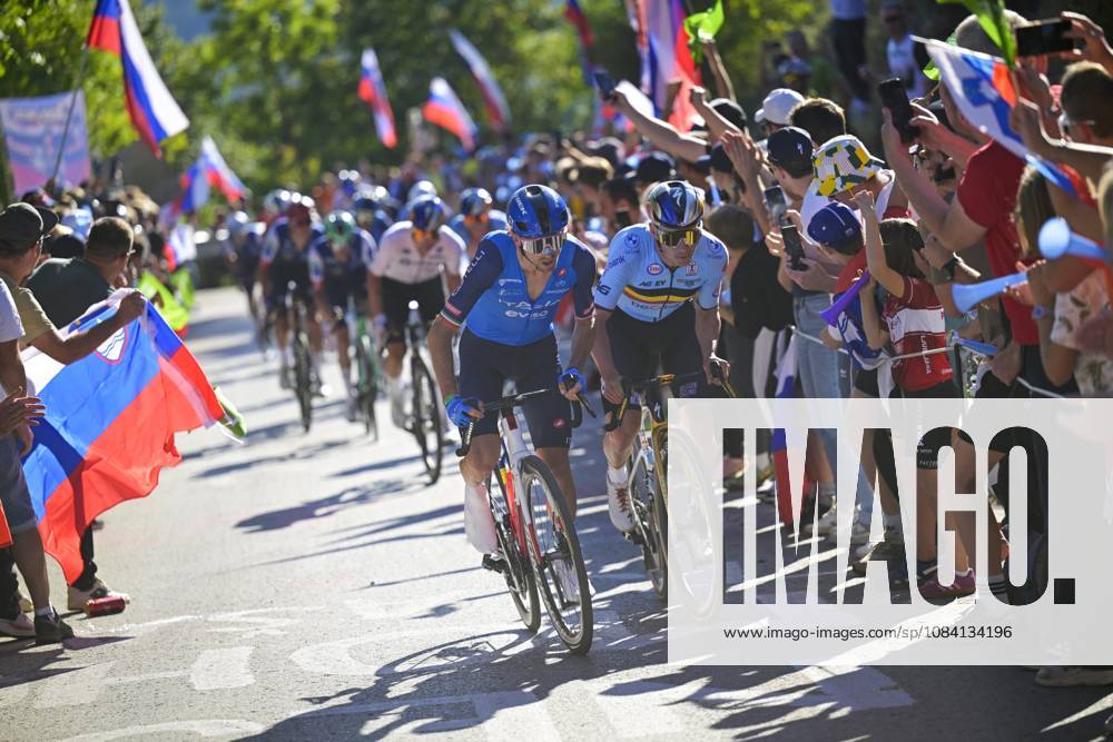UEC 2026 Road European Championships Ljubljana 04 10 2026 LJUBLJANA, SLOVENIA - OCTOBER 04 : Ciccone Giulio (ITA) and Evenepoel Remco (BEL) in action during the Men Elite cycling road race at the 2026 UEC Road European Championships Ljubljana, an UCI Continental Championships cycling race of 196,3 km with start in Ljubljana and finish in Sencur on October 4, 2026 in Ljubljana, Slovenia, 04 10 2026 Ljubljana Slovenia