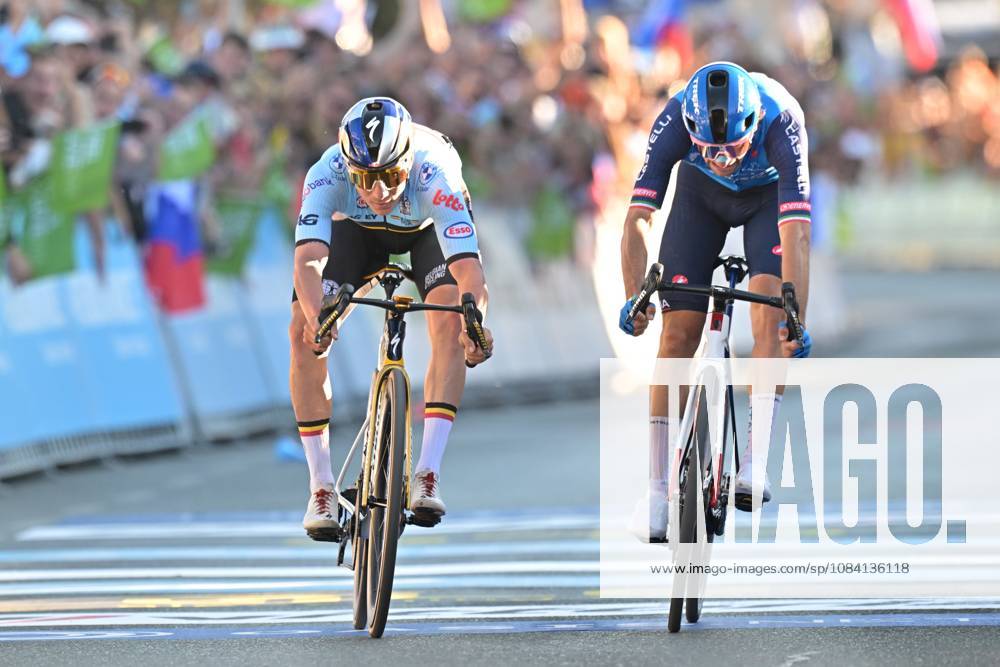Belgium s Remco Evenepoel and Italy s Giulio Ciccone sprint to the finish of the elite men Road Race race (196,2 km) at the cycling UEC Road European Championships, in Ljubljana, Slovenia Sunday 4 October 2026. The UEC Road European Championships are taking place from 02 to 07 October in Ljubljana, Slovenia. DAVIDxPINTENS x188708268x