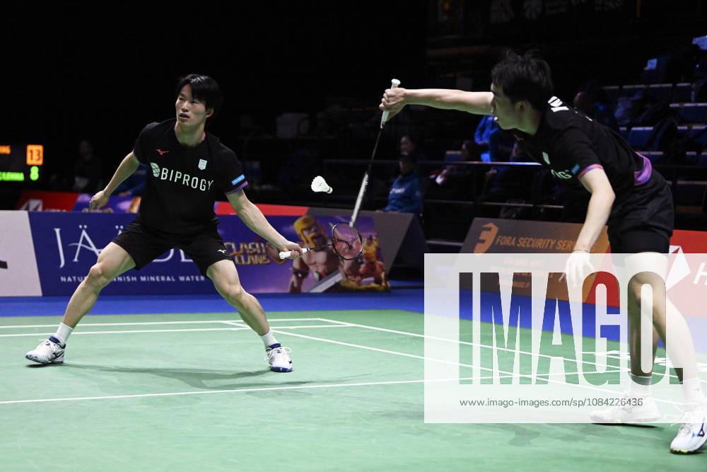 Kakeru Kumagai (L) and Hiroki Nishi of Japan in action during the badminton Clash of Clans Arctic Open 2026 tournament in Vantaa, Finland, on October 7, 2026. - ANTTI AIMO-KOIVISTO Vantaa Finland mfWC5h9T1BI