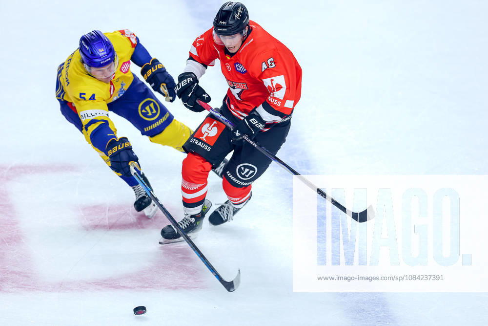 Eishockey, CHL, Kölner Haie - Blue Fox Herning, Champions Hockey League 2026 27, 5. Spieltag, Saison 2026 27, Lanxess-Arena Köln: Matteus Vilmer Söderbom (Blue Fox Herning 54) im Zweikampf gegen Noah Münzenberger (Koelner Haie 64) Nordrhein-Westfalen Deutschland