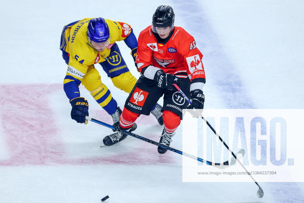 Eishockey, CHL, Kölner Haie - Blue Fox Herning, Champions Hockey League 2026 27, 5. Spieltag, Saison 2026 27, Lanxess-Arena Köln: Matteus Vilmer Söderbom (Blue Fox Herning 54) im Zweikampf gegen Noah Münzenberger (Koelner Haie 64) Nordrhein-Westfalen Deutschland