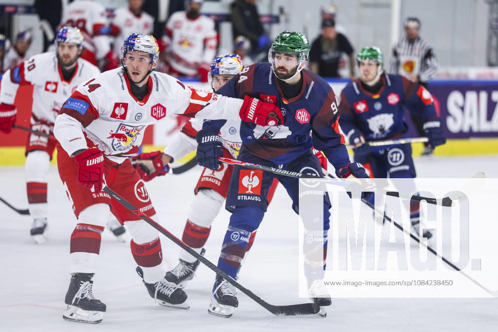 Ice hockey, Eishockey - CHL, EC RBS vs Berlin SALZBURG,AUSTRIA,07.OCT.26 - ICE HOCKEY - CHL, Champions Hockey League, group stage, EC Red Bull Salzburg vs Eisbaeren Berlin. Image shows Olivier Galipeau (EC RBS) and Liam Kirk (Berlin). GEPAxpictures Geieregger