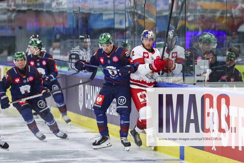 Ice hockey, Eishockey - CHL, EC RBS vs Berlin SALZBURG,AUSTRIA,07.OCT.26 - ICE HOCKEY - CHL, Champions Hockey League, group stage, EC Red Bull Salzburg vs Eisbaeren Berlin. Image shows Rihards Griva (Berlin) and Michael Raffl (EC RBS). GEPAxpictures Geieregger