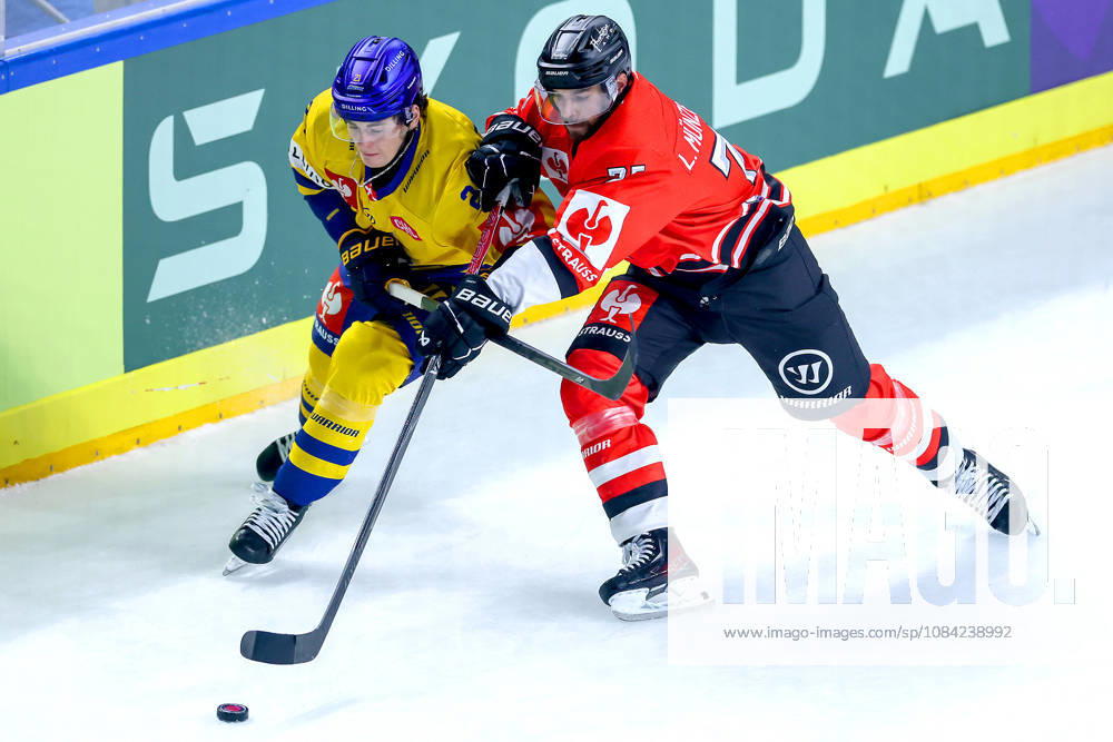 Eishockey, CHL, Kölner Haie - Blue Fox Herning, Champions Hockey League 2026 27, 5. Spieltag, Saison 2026 27, Lanxess-Arena Köln: Hjalte Kruse Thomsen (Blue Fox Herning 21) im Zweikampf gegen Luca Münzenberger (Koelner Haie 75) Nordrhein-Westfalen Deutschland