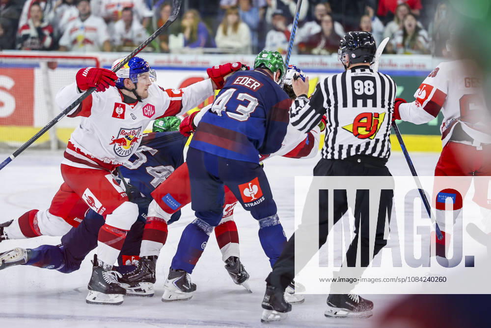 Ice hockey, Eishockey - CHL, EC RBS vs Berlin SALZBURG,AUSTRIA,07.OCT.26 - ICE HOCKEY - CHL, Champions Hockey League, group stage, EC Red Bull Salzburg vs Eisbaeren Berlin. Image shows Dennis Eamon Robertson (EC RBS) and Andreas Eder (Berlin). GEPAxpictures Geieregger