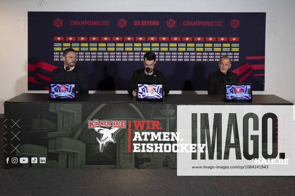CHL; Kölner Haie - Herning Blue Fox; Köln, 07.10.2026 Garth Murrax (Herning Blue Fox, Head Coach); Jason Schade; Thomas Berglund (Kölner Haie, Head Coach); CHL; Kölner Haie - Herning Blue Fox am 07.10.2026 in der Lanxessarena in Köln (Deutschland).