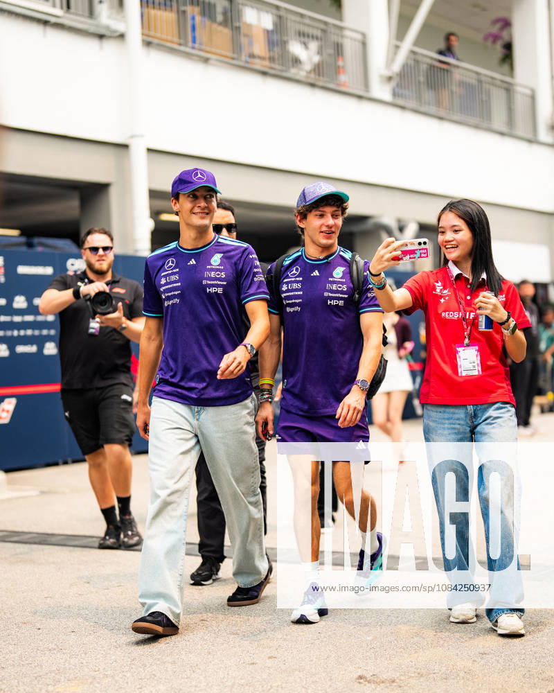 2026 Formula 1 Singapore - Media Day GEORGE RUSSELL 63 (GBR) of Mercedes-AMG PETRONAS Formula One Team (Mercedes-AMG F1 W17) and ANDREA KIMI ANTONELLI 12 (ITA) of Mercedes-AMG PETRONAS Formula One Team (Mercedes-AMG F1 W17) with a special shiny cap and a Singapore special team merchon Thursday Media Day during the Formula 1 Singapore Airlines Singapore Grand Prix 2026 at Marina Bay Street Circuit, Singapore, on October 8, 2026. Photo by Antoine LAPEYRE Reveries Agency via ABACAPRESS.COM Singapore Singapore