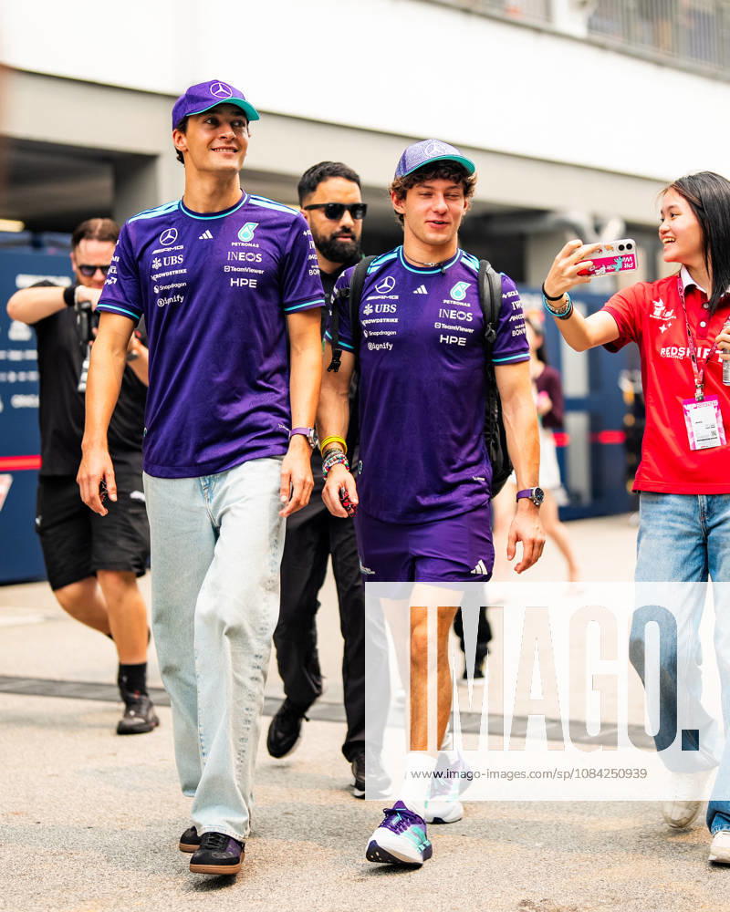 2026 Formula 1 Singapore - Media Day GEORGE RUSSELL 63 (GBR) of Mercedes-AMG PETRONAS Formula One Team (Mercedes-AMG F1 W17) and ANDREA KIMI ANTONELLI 12 (ITA) of Mercedes-AMG PETRONAS Formula One Team (Mercedes-AMG F1 W17) with a special shiny cap and a Singapore special team merchon Thursday Media Day during the Formula 1 Singapore Airlines Singapore Grand Prix 2026 at Marina Bay Street Circuit, Singapore, on October 8, 2026. Photo by Antoine LAPEYRE Reveries Agency via ABACAPRESS.COM Singapore Singapore