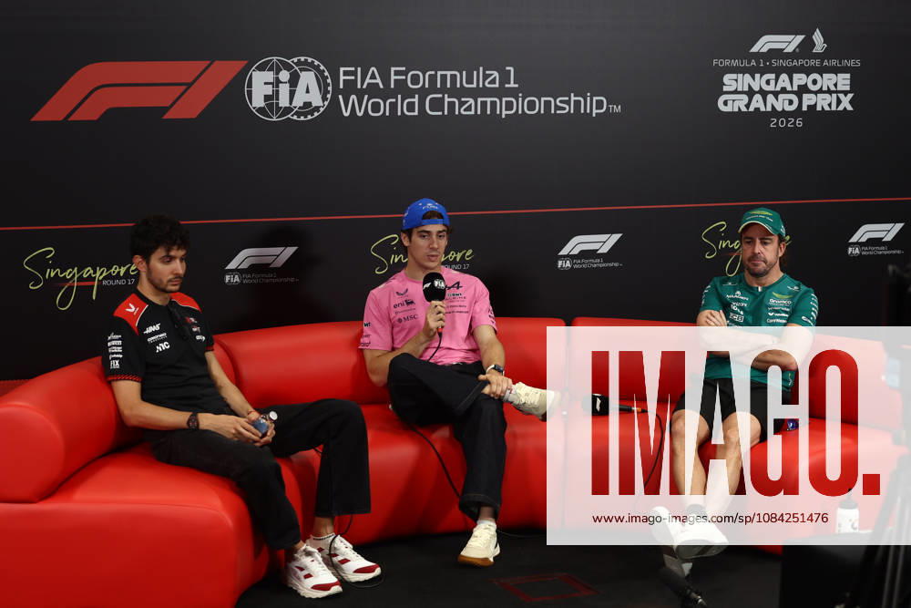 F1 Singapore Grand Prix 2026 Previews Esteban Ocon of Haas, Franco Colapinto of Alpine and Fernando Alonso of Aston Martin Aramco during the press conference, PK, Pressekonferenz ahead of the Formula 1 Singapore Grand Prix at Marina Bay Street Circuit in Singapore on October 8, 2026. Singapore Singapore