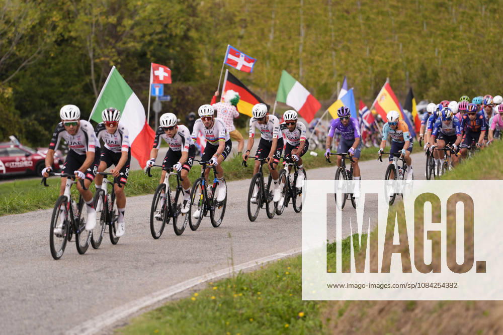The pack rides during the 110th edition of the Gran Piemonte 2026 a 185 km one day race from Asti to Bra on October 08, 2026, Italy.