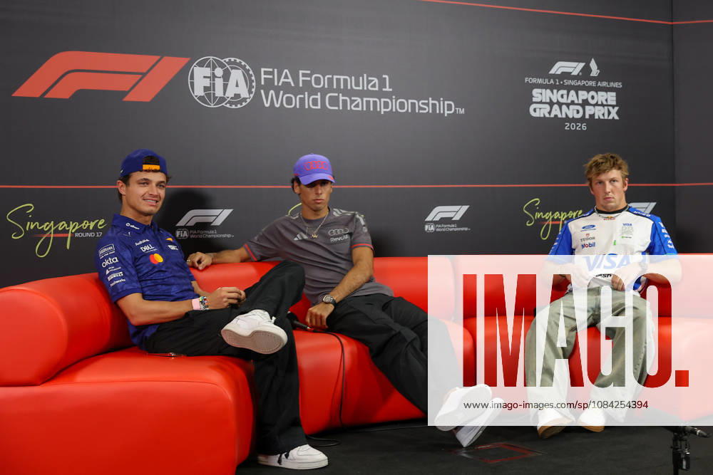 Drivers press conference, PK, Pressekonferenz ahead of 2026 Formula 1 Singapore Grand Prix SINGAPORE - OCTOBER 8: (From left to right) McLaren s British driver Lando Norris, Audi F1 Team s Brazilian driver Gabriel Bortoleto, and Racing Bulls New Zealand driver Liam Lawson attend a drivers press conference ahead of the Formula 1 Singapore Grand Prix at the Marina Bay Street Circuit in Singapore on October 08, 2026. Daniel Ceng Anadolu Singapore City Singapore. Editorial use only. Please get in touch for any other usage.