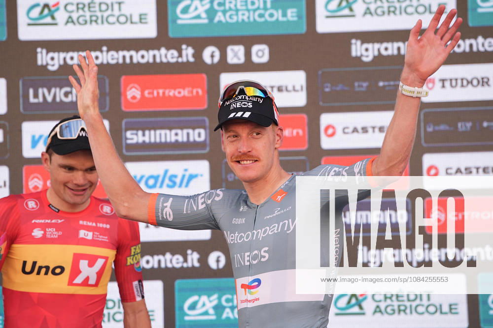 France s Dorian Godon of Netcompany INEOS winner of the race on the podium after the 110th edition of the Gran Piemonte 2026 a 185 km one day race from Asti to Bra on October 08, 2026, Italy.