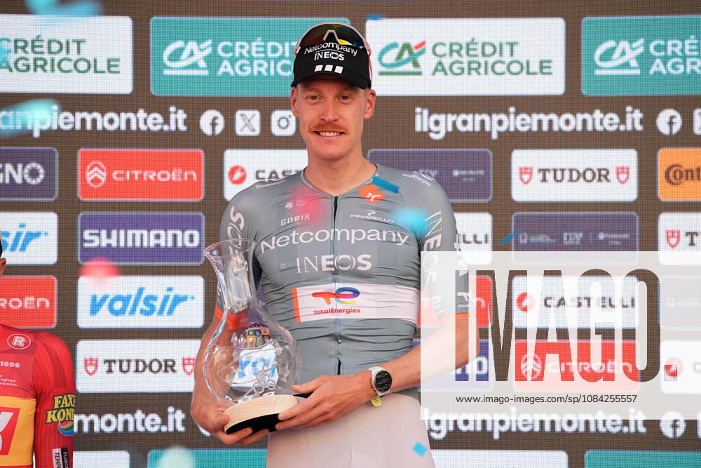 France s Dorian Godon of Netcompany INEOS winner of the race on the podium after the 110th edition of the Gran Piemonte 2026 a 185 km one day race from Asti to Bra on October 08, 2026, Italy.