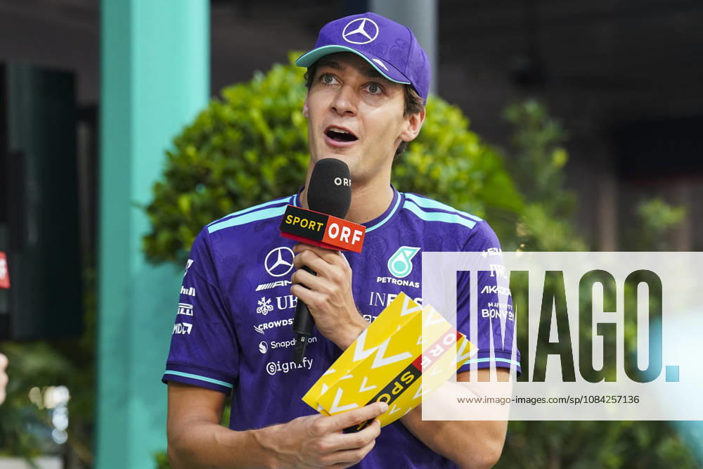 FORMULA 1 SINGAPORE AIRLINES SINGAPORE GRAND PRIX 2026 George Russell (GBR) 63 Mercedes giving an interview during the Formula 1 Singapore Airlines Singapore Grand Prix 2026, Round 17 of the 2026 Formula 1 World Championship, WM, Weltmeisterschaft from 9th - 11th October 2026 at the Marina Bay Street Circuit, Singapore. Credit: Robbie Hoad Every Second Media Editorial use only. All images are copyright Every Second Media Limited. No images may be reproduced without prior permission.