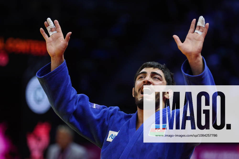 AZERBAIJAN, BAKU - OCTOBER 8, 2026: Murad Fatiyev of Azerbaijan celebrates his victory after a -90 kg bout against Nemanja Majdov of Serbia as part of the 2026 World Judo Championships at the National Gymnastics Arena. Mikhail Sinitsyn TASS 98958145