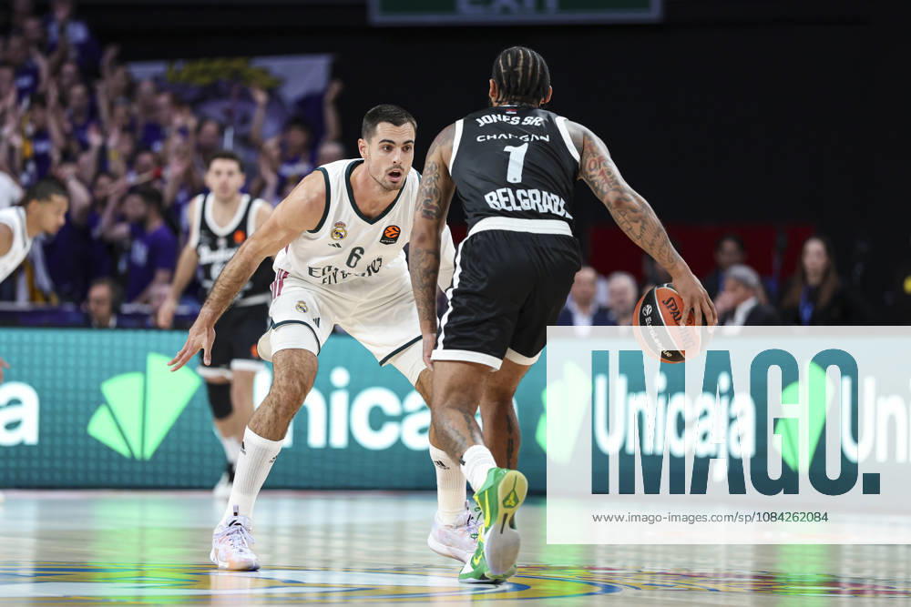 Alberto Abalde of Real Madrid and Carlik Jones of Partizan Mozzart Bet Belgrade in action during the Euroleague Basketball Regular Season Round 4 game between Real Madrid v Partizan Mozzart Bet Belgrade at Movistar Arena on October 08, 2026 in Madrid, Spain. Real Madrid V Partizan Mozzart Bet Belgrade - Euroleague 2025 2026 - ZUMAa181 20261008_zaa_a181_218
