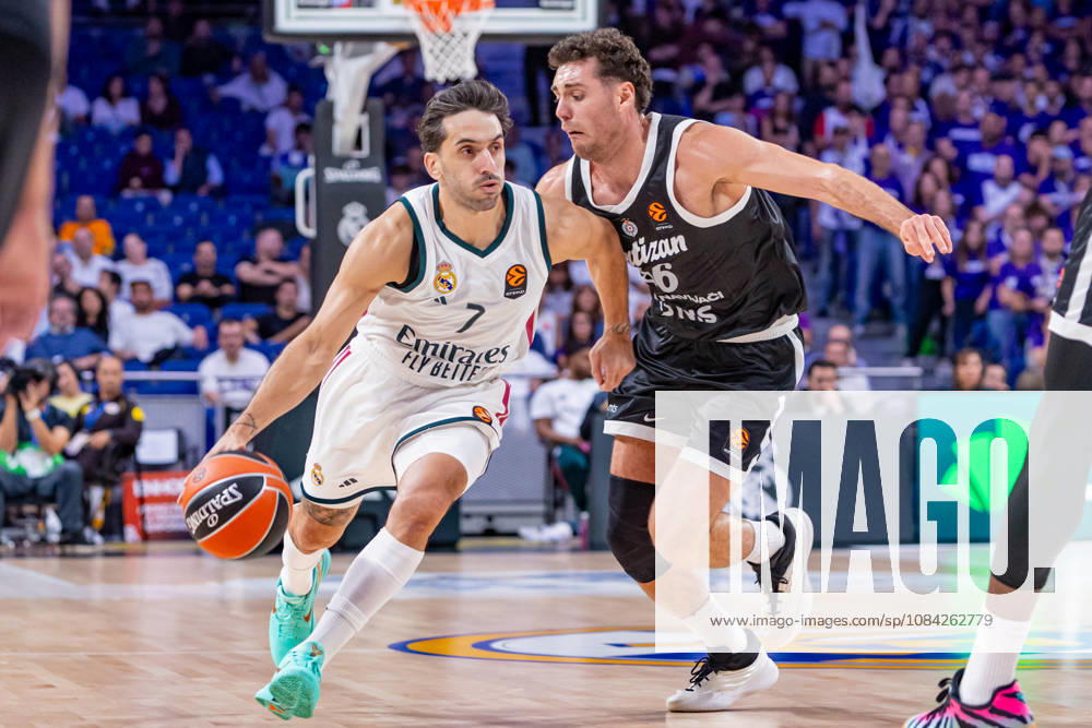 ESP: Euroleague Real Madrid v Partizan Belgrade Facundo Campazzo of Real Madrid and Alesandro Pajola of PArtizan during the Euroleague match between Real Madrid and Partizan Mozzart Bet Belgrade played at Movistar Arena Stadium on October 8 2026 in Madrid Spain Madrid Spain Basketball