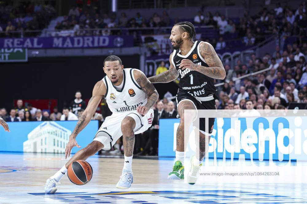 Nick Smith Jr. of Real Madrid and Carlik Jones of Partizan Mozzart Bet Belgrade in action during the Euroleague Basketball Regular Season Round 4 game between Real Madrid v Partizan Mozzart Bet Belgrade at Movistar Arena on October 08, 2026 in Madrid, Spain. Real Madrid V Partizan Mozzart Bet Belgrade - Euroleague 2025 2026 - ZUMAa181 20261008_zaa_a181_239