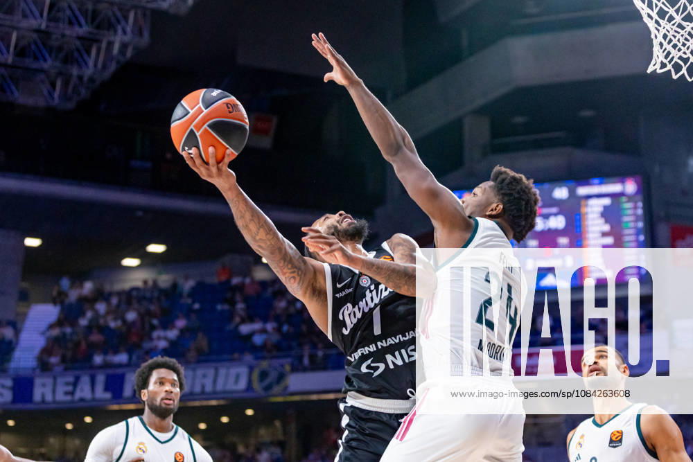 ESP: Euroleague Real Madrid v Partizan Belgrade Carlik Jones of Partizan and Andres Feliz of Real Madrid during the Euroleague match between Real Madrid and Partizan Mozzart Bet Belgrade played at Movistar Arena Stadium on October 8 2026 in Madrid Spain Madrid Spain Basketball