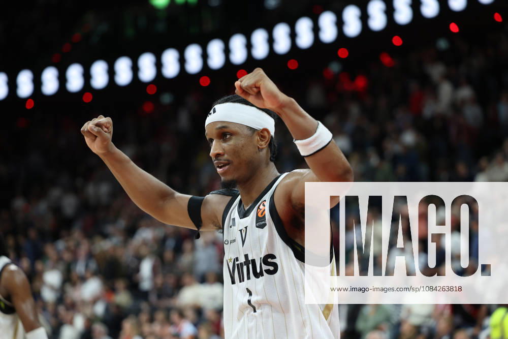 Trent Frazier (Virtus Bologna, 01) bejubelt den Sieg, Jubel, Emotionen, GER, FC Bayern Basketball vs. Virtus Bologna, Basketball, Euroleague, 4. Spieltag, Saison 2026 2027, 08.10.2026, GER, FC Bayern Basketball vs. Virtus Bologna, Basketball, Euroleague, 4. Spieltag, Saison 2026 2027, 08.10.2026 Muenchen
