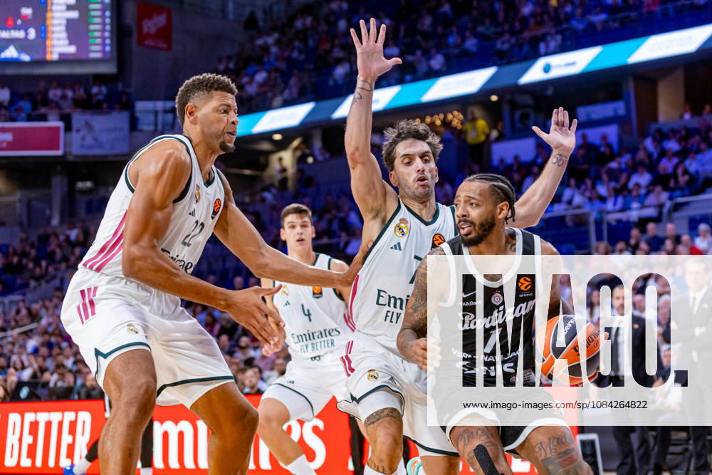 ESP: Euroleague Real Madrid v Partizan Belgrade Edy Tavares of Real Madrid , Facundo Campazzo of Real Madrid and Carlik Jones of Partizan during the Euroleague match between Real Madrid and Partizan Mozzart Bet Belgrade played at Movistar Arena Stadium on October 8 2026 in Madrid Spain Madrid Spain Basketball