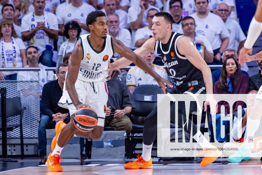 ESP: Euroleague Real Madrid v Partizan Belgrade Theo Maledon of Real Madrid and Nikola Tanaskovic of Partizan during the Euroleague match between Real Madrid and Partizan Mozzart Bet Belgrade played at Movistar Arena Stadium on October 8 2026 in Madrid Spain Madrid Spain Basketball