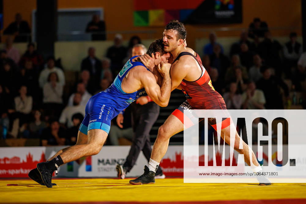 DRB BIRTAT Bundesliga, 6. Wettkampftag, ASV Mainz 88 - KG Baienfurt Ravensburg, Mainz, 10.10.2026 Kampf zwischen Mehmet Mustafa Sahin (rot, ASV Mainz 88) gegen Valeriu Toderean (blau, KG Baienfurt Ravensburg), 75 kg Griechisch-Roemischer Stil DRB BIRTAT Bundesliga, 6. Wettkampftag, ASV Mainz 88 - KG Baienfurt Ravensburg, Sporthalle am großen Sand, Mainz