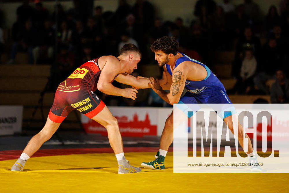 DRB BIRTAT Bundesliga, 6. Wettkampftag, ASV Mainz 88 - KG Baienfurt Ravensburg, Mainz, 10.10.2026 Kampf zwischen Calvin Stiller (rot, ASV Mainz 88) gegen Rashad Orujevi (blau, KG Baienfurt Ravensburg), 66kg Griechisch-Roemischer Stil DRB BIRTAT Bundesliga, 6. Wettkampftag, ASV Mainz 88 - KG Baienfurt Ravensburg, Sporthalle am großen Sand, Mainz