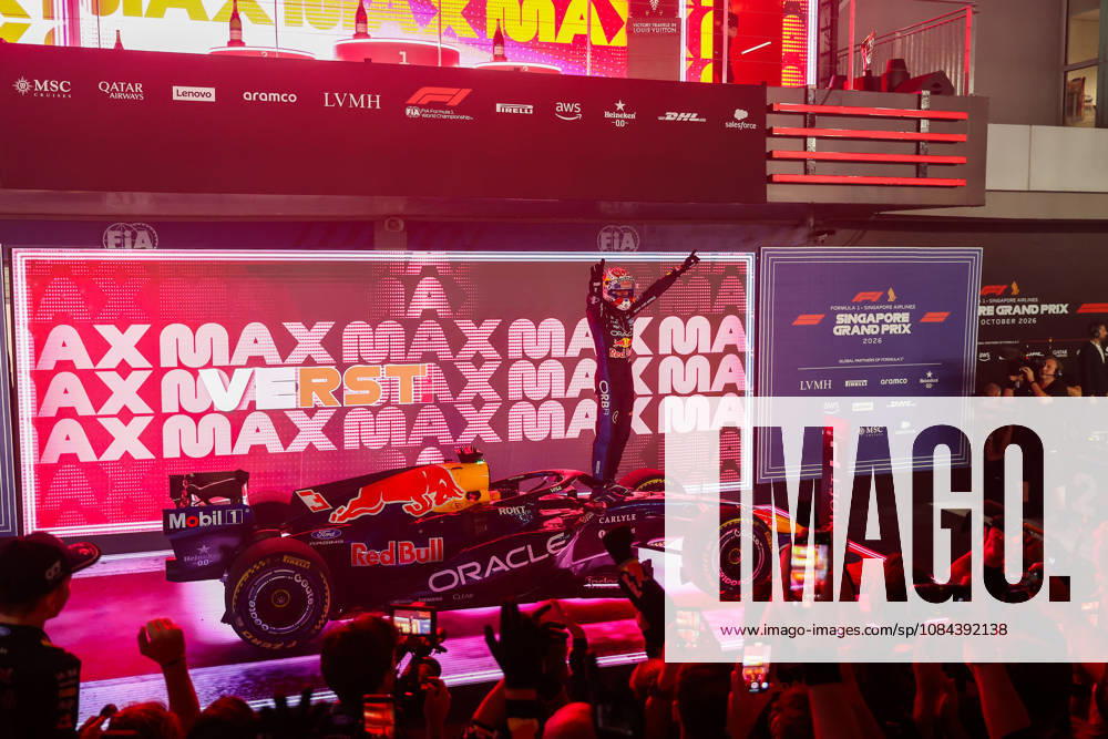 Max Verstappen wins 2026 Formula 1 Singapore Grand Prix SINGAPORE - OCT 11: Red Bull Racing driver Max Verstappen celebrates on the podium after winning the Formula 1 Singapore Grand Prix at the Marina Bay Street Circuit in Singapore on October 11, 2026. Daniel Ceng Anadolu Singapore Singapore. Editorial use only. Please get in touch for any other usage.