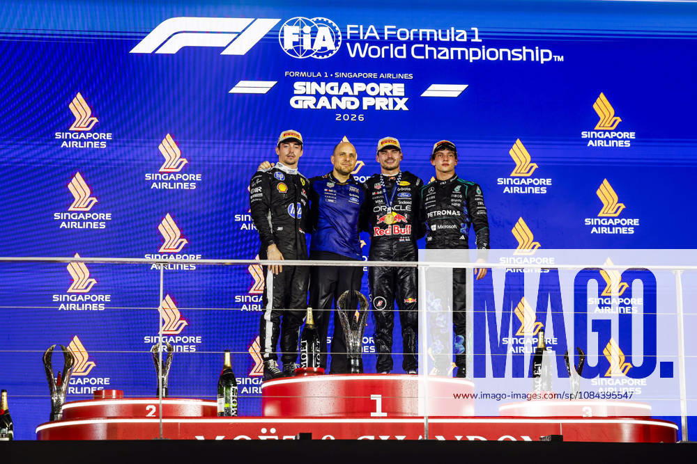 F1 - SINGAPORE GRAND PRIX 2026 LECLERC Charles (mco), Scuderia Ferrari SF-26, VERSTAPPEN Max (nld), Red Bull Racing Ford RB22, VERSTAPPEN Max (nld), Red Bull Racing Ford RB22, KIMI ANTONELLI Andrea (ita), Mercedes AMG F1 Team W16, portrait, podium during the 2026 Formula 1 Singapore Grand Prix, 17th round of the 2026 Formula One World Championship, WM, Weltmeisterschaft from October 9 to 11, 2026 on the Marina Bay Street Circuit, in Singapore, Singapore - SingaporeSingapore