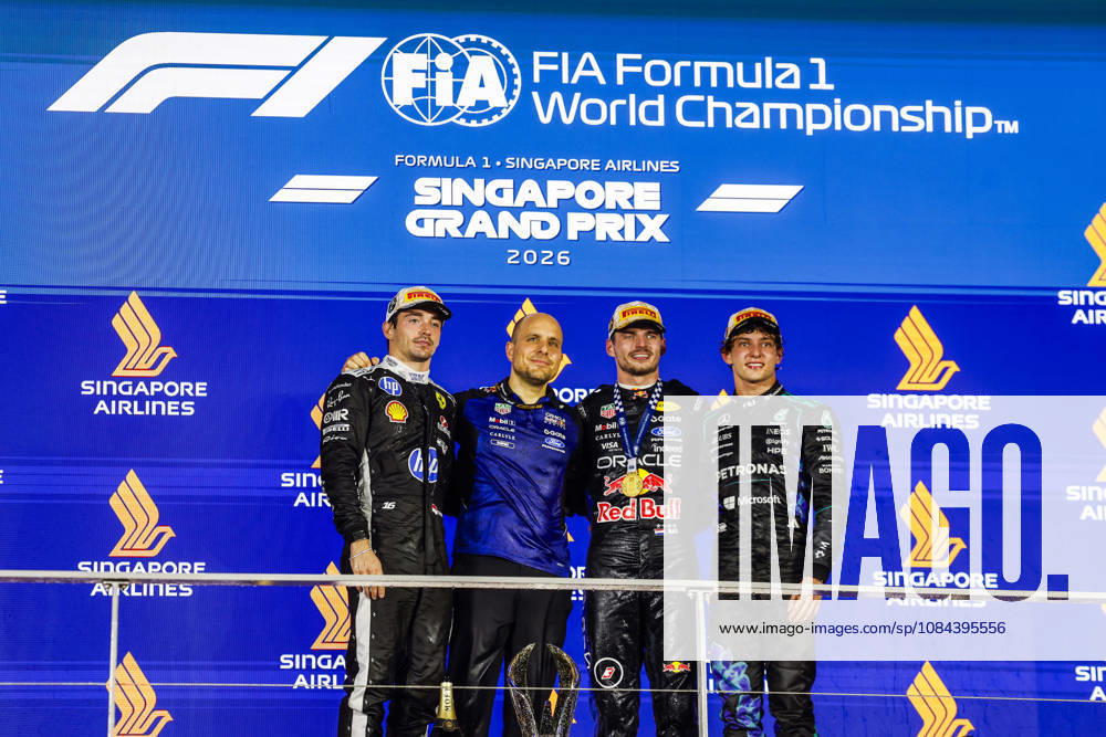 F1 - SINGAPORE GRAND PRIX 2026 LECLERC Charles (mco), Scuderia Ferrari SF-26, VERSTAPPEN Max (nld), Red Bull Racing Ford RB22, VERSTAPPEN Max (nld), Red Bull Racing Ford RB22, KIMI ANTONELLI Andrea (ita), Mercedes AMG F1 Team W16, portrait, podium during the 2026 Formula 1 Singapore Grand Prix, 17th round of the 2026 Formula One World Championship, WM, Weltmeisterschaft from October 9 to 11, 2026 on the Marina Bay Street Circuit, in Singapore, Singapore - SingaporeSingapore