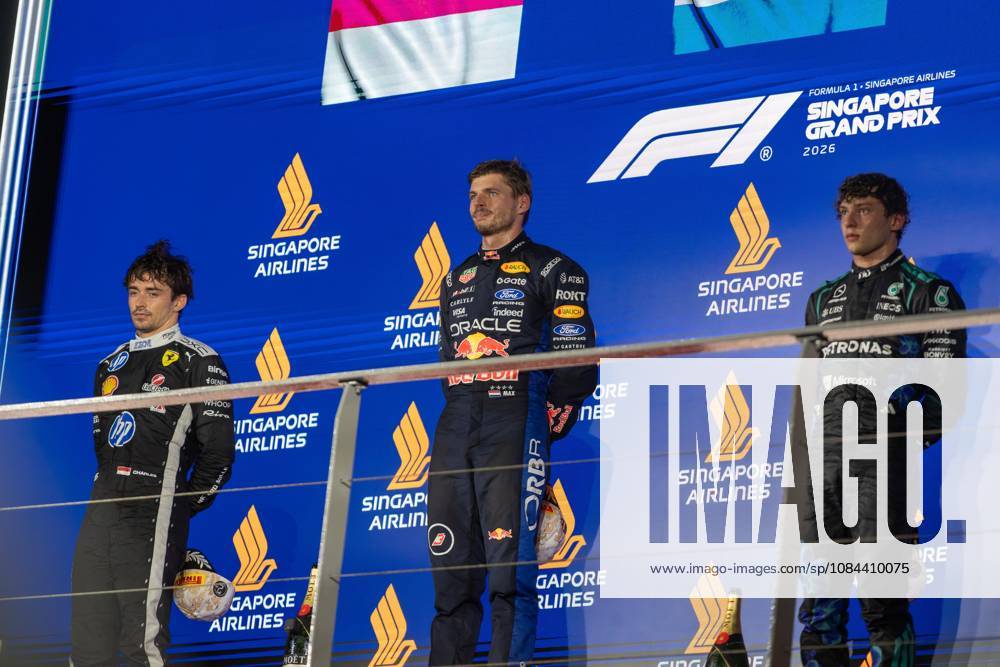 Charles Leclerc (MCO) (Scuderia Ferrari HP), Max Verstappen (NLD) (Oracle Red Bull Racing) and Andrea Kimi Antonelli (ITA) (Mercedes-AMG Petronas F1 Team) on the podium after the race of the Formula 1 Singapore Grand Prix 2026 at the Marina Bay Street Circuit. F1 2026: (Race) Singapore Grand Prix In Singapore, Singapore - 11 Oct 2026 - ZUMAs197 20261011_aaa_s197_119