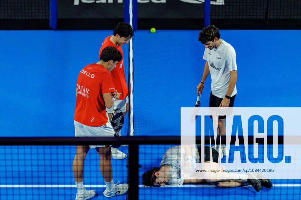 DÜSSELDORF, GERMANY - 11 OCTOBER 2026: Image shows Jon Sanz (ESP) with short injury and Franco Stupaczuk (ARG), Agustin Tapia (ARG) and Arturo Coello (ESP) during CUPRA Germany Premier Padel P2 2026 Day 8: Finals at CASTELLO Düsseldorf on 11 10 2026 in Düsseldorf, Germany. Germany